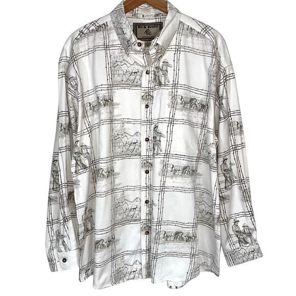 Bit & Bridle Western Cowboy Horse Button Up White Cotton Shirt Size Large - Picture 1 of 15
